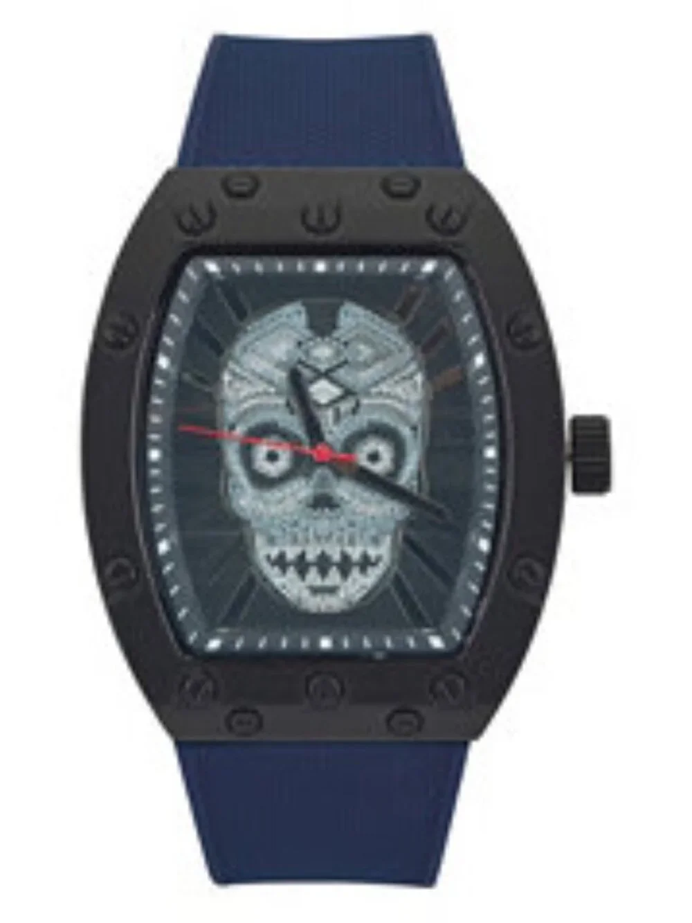 Ed Hardy Men's Crystal Skull Dial Watch Black Tonneau Case Navy Strap